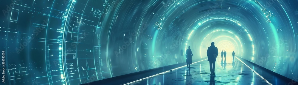 Futuristic tunnel with a digital overlay, featuring silhouettes of people walking towards a bright light, symbolizing technology and progress. Futuristic tunnel with a digital overlay, featuring silhouettes of people walking towards a bright light, symbolizing technology and progress.