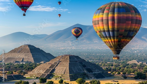 A Vibrant Journey: Hot Air Balloons Soar Above Teotihuacan's Ancient Pyramid in Mexico