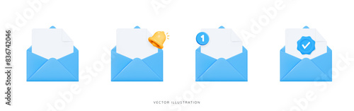 3D Open envelope icon set with bell, new notification and check mark. Blue envelope with file document. Send message by email. Subscribe to newsletter. Cartoon design icon set. 3D Vector illustration
