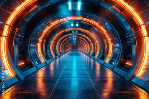 Inside view of a futuristic tunnel with glowing lights  SciFi  Orange and Blue  HighResolution