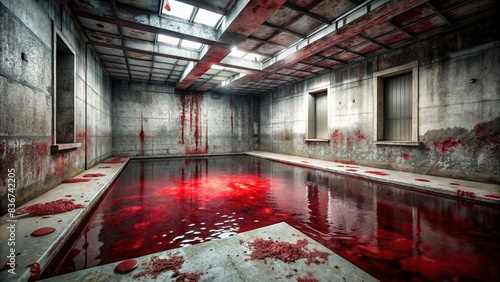 Desolate concrete room filled with pool of blood, a chilling and gruesome scene photo