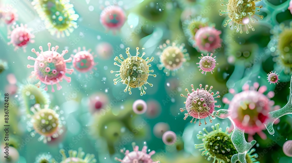 Closeup of viruses and bacteria under a microscope, Microbiology, Green and Pink, High Detail Closeup of viruses and bacteria under a microscope, Microbiology, Green and Pink, High Detail