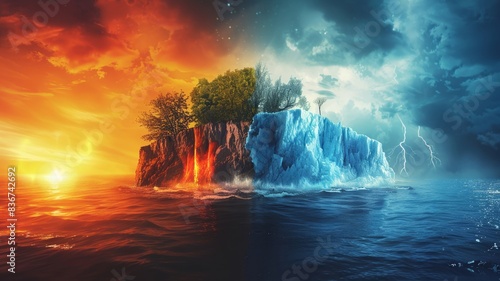 A stunning depiction of nature's duality with a vivid island split by fire and ice photo