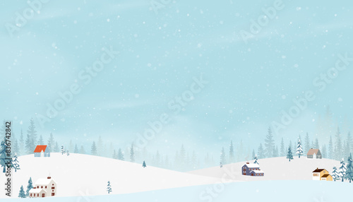 Christmas Background.Cute Winter landscpae with blue Sky,Cloud and Snow falling.Vector Minimal Design of Nature Village for Holiday season on New Year,Xmas 2025