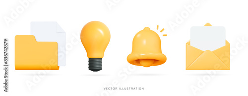 3D Office icon set. Yellow folder with document, lightbulb, bell notification and open letter in envelope. Project plan concept. Business work and education. Cartoon design. 3D Vector illustration