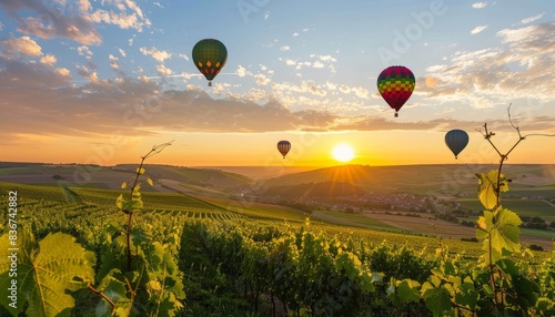 Spectacular Sunset: Hot Air Balloons Soar over Colorful Champagne Vineyards in Montagne de Reims, Fr photo