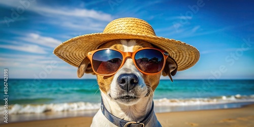 Funny dog wearing sunglasses and straw hat enjoying sunny vacation at the beach , dog, pet, funny, cute, sunglasses, straw hat, vacation, beach, sunny, holiday, humor, tropical, relaxation © tammanoon