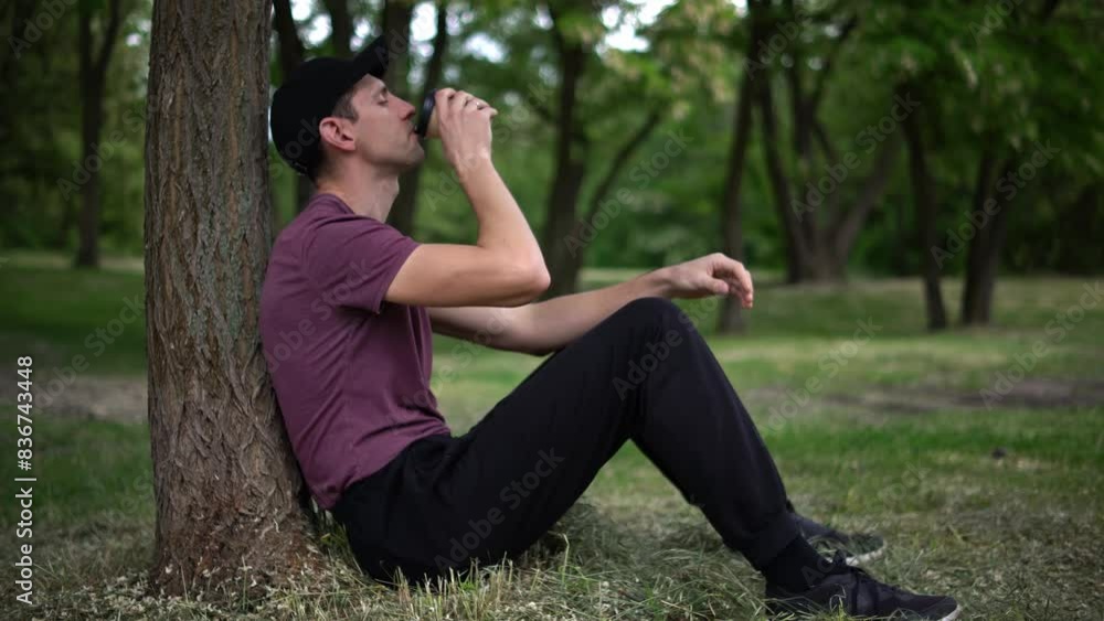 A young man sits peacefully under a tree, enjoying a moment of solitude with a takeaway coffee. The lush green background and the dappled sunlight create a serene and tranquil atmosphere. A young man sits peacefully under a tree, enjoying a moment of solitude with a takeaway coffee. The lush green background and the dappled sunlight create a serene and tranquil atmosphere.