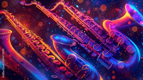 Vibrant neon jazz instruments with dynamic lighting and abstract artistic elements