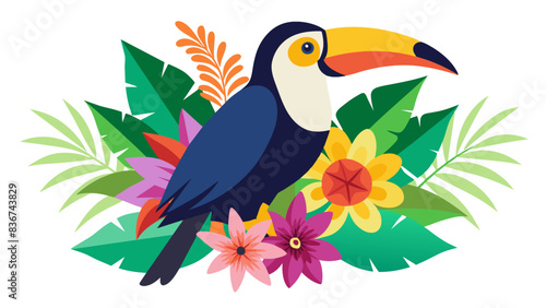 Tropical cartoon toucan on a colorful branch with flowers