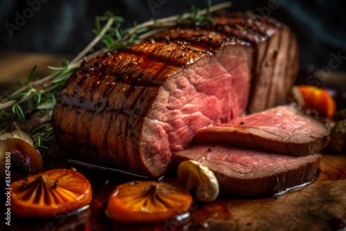 Roasted beef tenderloin meat with garnish photo