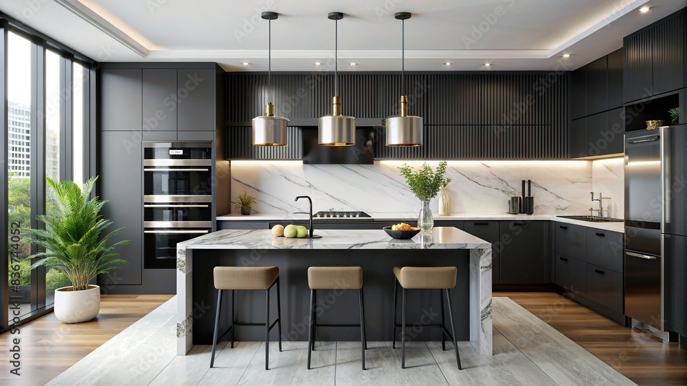 Modern kitchen with black furniture, White marble worktop and ...