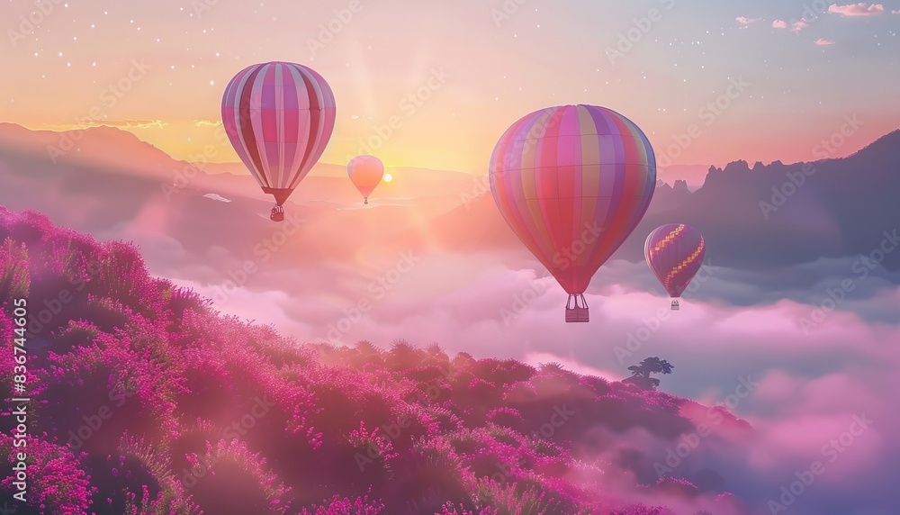 Obraz premium Enchanting Morning: Hot Air Balloons Soaring over a Strawberry Garden at Sunrise