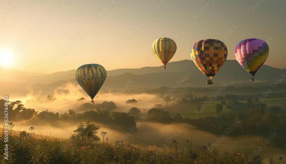 Obraz premium Whimsical Morning Magic: Hot Air Balloons Soaring Over Strawberry Gardens and Mountain Views