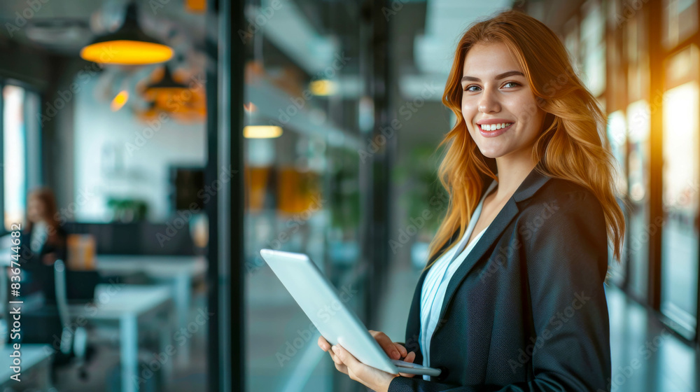 a beautiful young woman in a suit stands in the office, holding a tablet in her hands a beautiful young woman in a suit stands in the office, holding a tablet in her hands