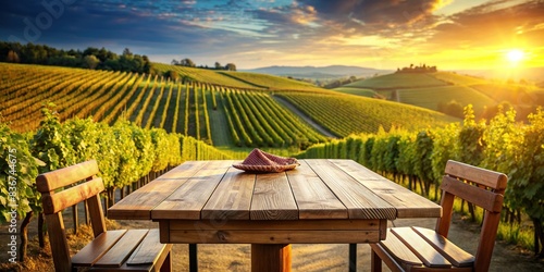 Wooden table set against a picturesque vineyard background, table, wooden, vineyard, background, rustic, scenery, nature, outdoor, winery, countryside, farm, agricultural, grapevines photo