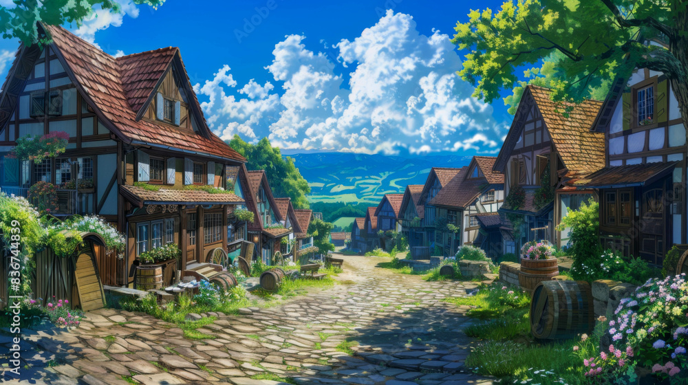 Fototapeta premium European village in anime style