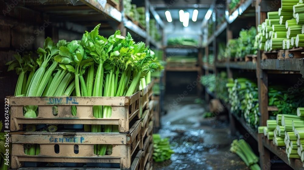 Rows of stacked crates filled with celery, ready for shipment, in a cool storage room with dim lighting Rows of stacked crates filled with celery, ready for shipment, in a cool storage room with dim lighting