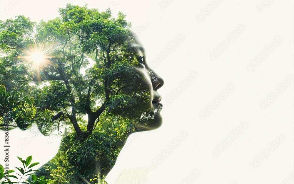 Double exposure image of a woman's profile with green trees symbolizing the connection between nature and human beings. Double exposure image of a woman's profile with green trees symbolizing the connection between nature and human beings.