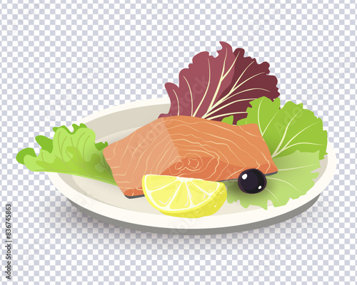 Salmon fillet red fish, olive, lemon and greens. Eating on plate is top view. Cooking lunch, dinner, breakfast. Natural product. Healthy and tasty food ideas. Design for menu. Vector illustration