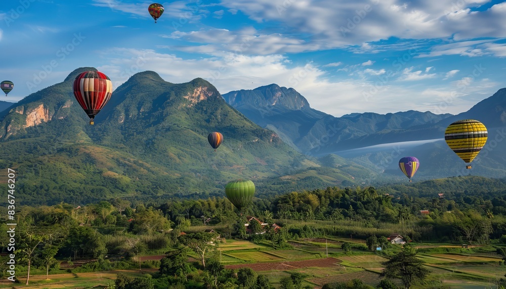 Enchanting Views: Vibrant Hot Air Balloons Soaring Over Pakse Mountains in Laos Enchanting Views: Vibrant Hot Air Balloons Soaring Over Pakse Mountains in Laos