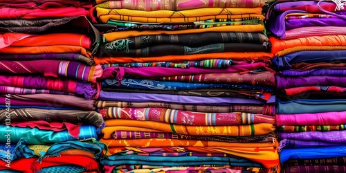 Promoting Recycling and Sustainable Fashion Through a Large Stack of Textile Items. Concept Sustainable Fashion, Recycling, Textile Items, Eco-friendly Practices, Environmental Awareness © Ян Заболотний