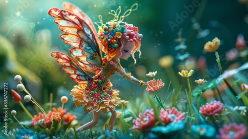 Plasticine fairy with delicate wings  adorned in a multicolored dress  and standing in a magical garden