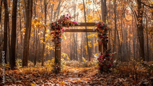 A rustic wooden arch adorned with vibrant floral arrangements stands in the heart of an autumn forest, surrounded by fallen leaves and tall trees