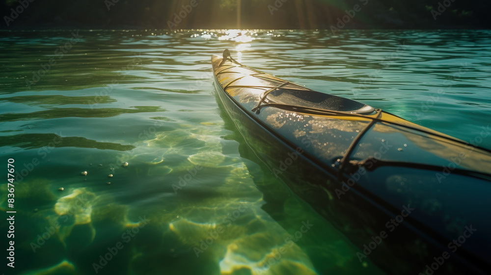 Active rest, tourism. Kayak floats on river in rays of sun. AI generated. Active rest, tourism. Kayak floats on river in rays of sun. AI generated.