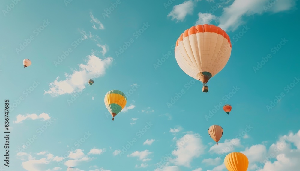 Dreamlike Scene: Vibrant Hot Air Balloons Soar Through Blue Sky Dreamlike Scene: Vibrant Hot Air Balloons Soar Through Blue Sky