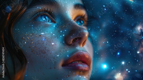 A woman with blue eyes looking up at the sky