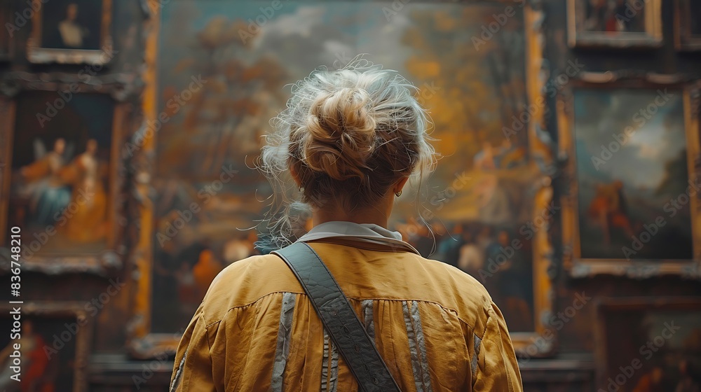 An adult woman seen from behind, thoughtfully examining paintings in an aged museum gallery. An adult woman seen from behind, thoughtfully examining paintings in an aged museum gallery.