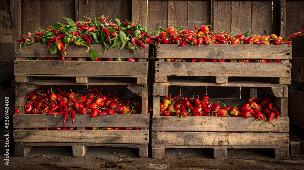Packed wooden crates brimming with chili peppers, set against a raw ...