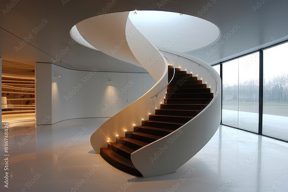A helical staircase with a minimalist design, featuring a central steel ...
