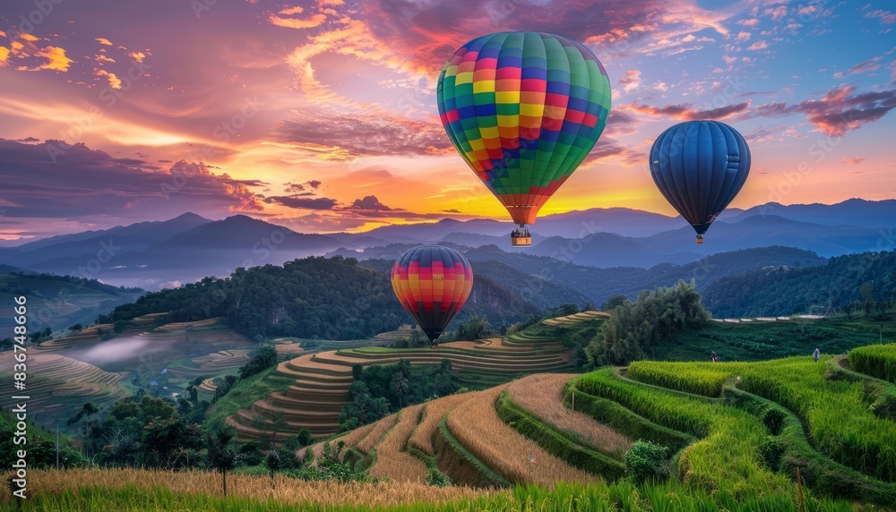 Naklejka premium Awe-Inspiring Sunset Over Pa Bong Piang: A Vibrant Display of Colorful Hot Air Balloons