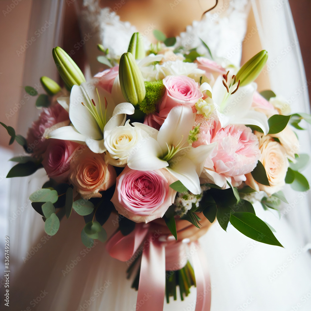 Fototapeta premium Bride with bouquet - Woman in wedding dress holding a bouquet of flowers