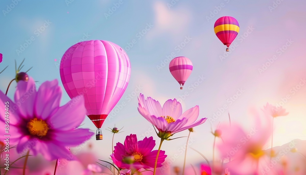 Obraz premium Vibrant Skies: Hot-Air Balloons Soaring Above Cosmos Flower Field