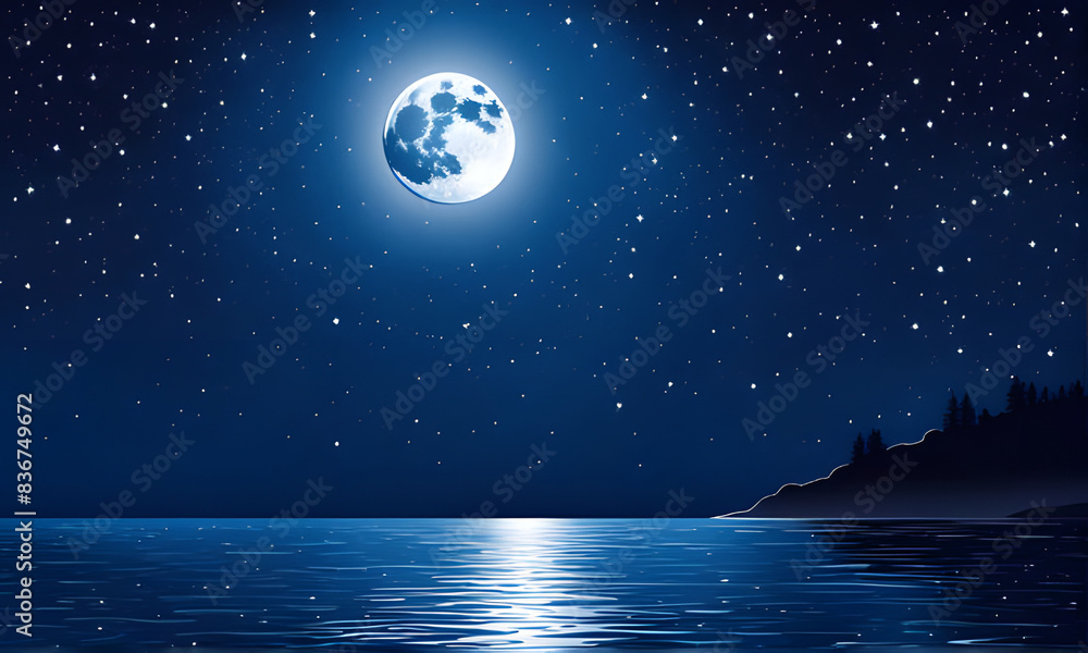The night sea where you can see the moon and stars, illustration, Rendering, ai The night sea where you can see the moon and stars, illustration, Rendering, ai