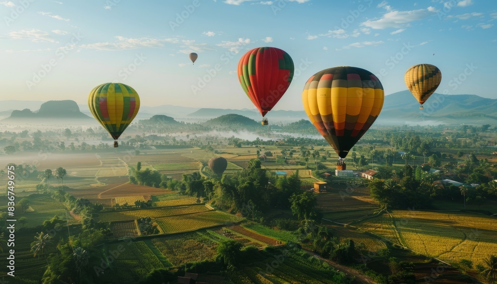 Fototapeta premium Spectacular Sight: Vibrant Hot-Air Balloons Soar Above Agricultural Fields - AR 7:4