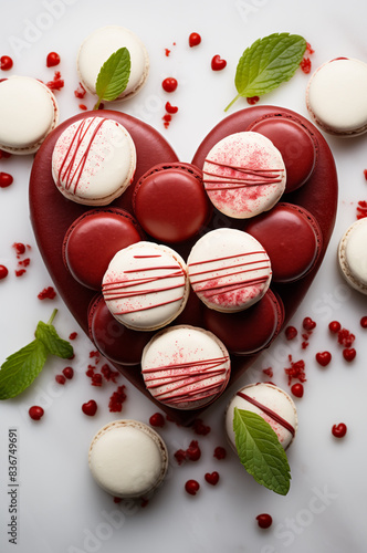 Heart shaped cake decorated with red and white macarons, perfect for Valentine’s Day. Surrounded by mint leaves and small heart-shaped decorations. Vertical, top view.