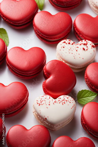 Heart-shaped red and white macarons arranged on a white background, perfect for Valentine's Day celebrations and conveying love and affection. Vertical, top view.