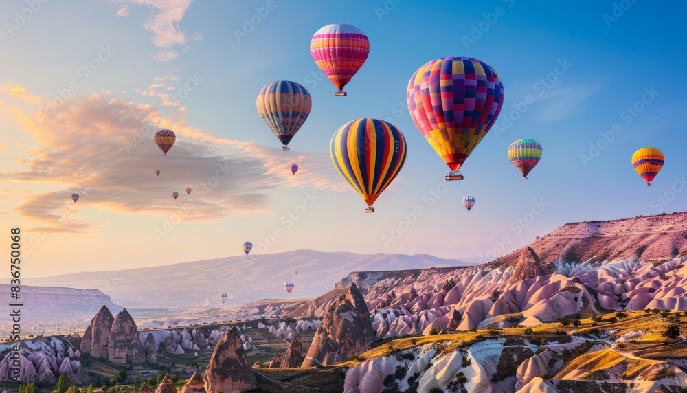 Fototapeta premium Vibrant Skies: Hot-Air Balloons Soar Above the Mountain - AR 7:4