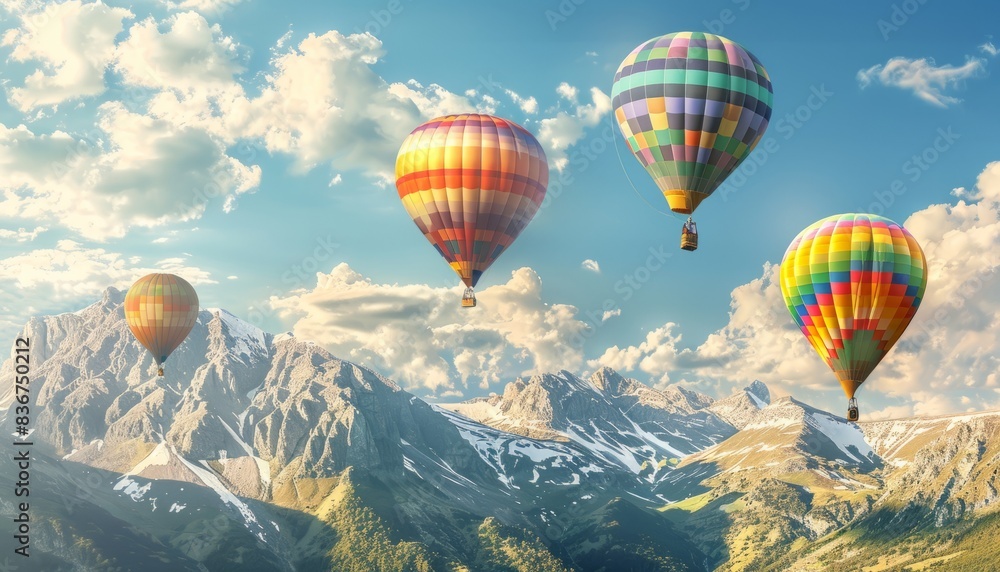 Naklejka premium Vibrant Skies: A Stunning Display of Hot-Air Balloons Soaring Over the Mountains