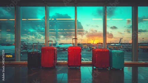 luggage suitcases at the airport wide banner with copy space area for vacations and holiday travel concepts, Generative AI photo