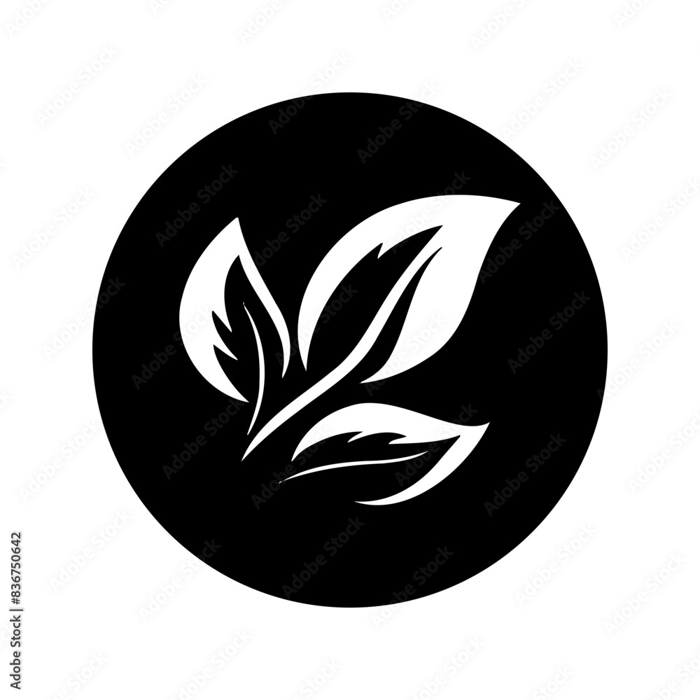 A black and white icon showing three leaves enclosed in a circle A black and white icon showing three leaves enclosed in a circle