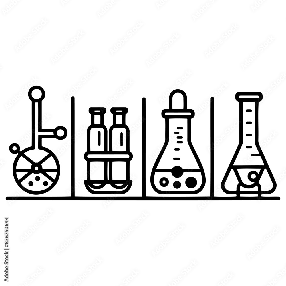 A simple black and white illustration depicting a line of chemistry beakers A simple black and white illustration depicting a line of chemistry beakers
