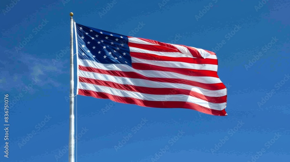 Flag of United States of America being waved in the breeze against a sky. USA flag Flag of United States of America being waved in the breeze against a sky. USA flag
