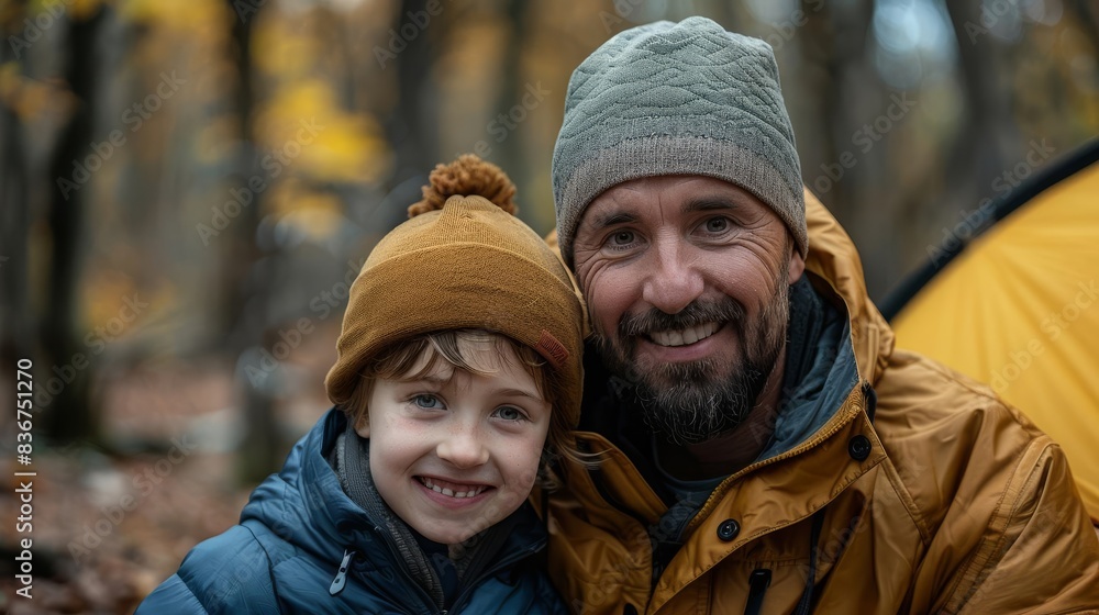 Fathers Day Camping Focus on a father and child setting up a tent, both smiling and looking at the camera, with a forest background, empty space right for text Fathers Day Camping Focus on a father and child setting up a tent, both smiling and looking at the camera, with a forest background, empty space right for text
