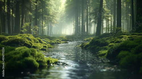 A cascading stream flowing through a moss covered forest with sunlight streaming through the canopy