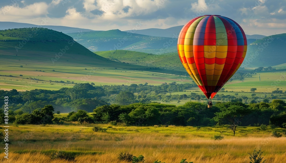 Fototapeta premium Glorious Dawn: Hot Air Balloon Journey over Magaliesburg Valley in Gauteng